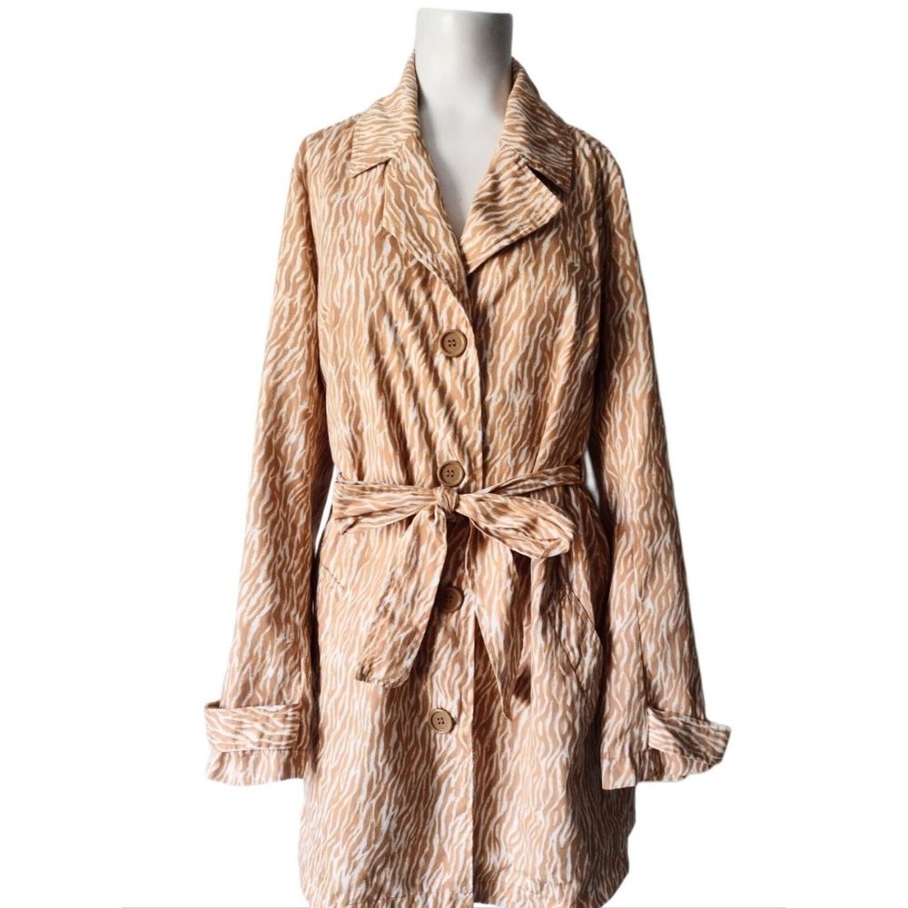 Liz Claiborne Womens Size XS Tiger Print‎ Belted Trench Coat Button Front Camel